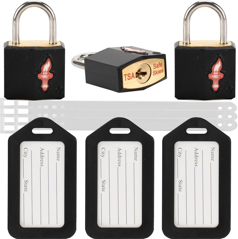 dwoyow TSA Approved Luggage Locks 3 Pack with Luggage Tags | 6 Keys, Black Travel Lock Bundle - Solid Brass Core & Rubber Armor Padlocks for Suitcases, Backpacks (TSA Certified) - Image 1